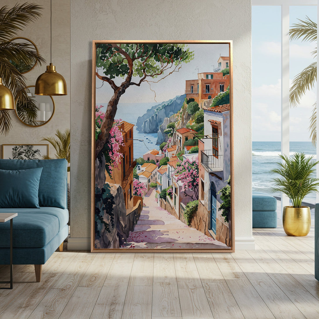 Framed Wall Art: Watercolor painting of a coastal Italian village. Warm, inviting color palette with blues, oranges, and greens. Perfect for adding charm to any space.