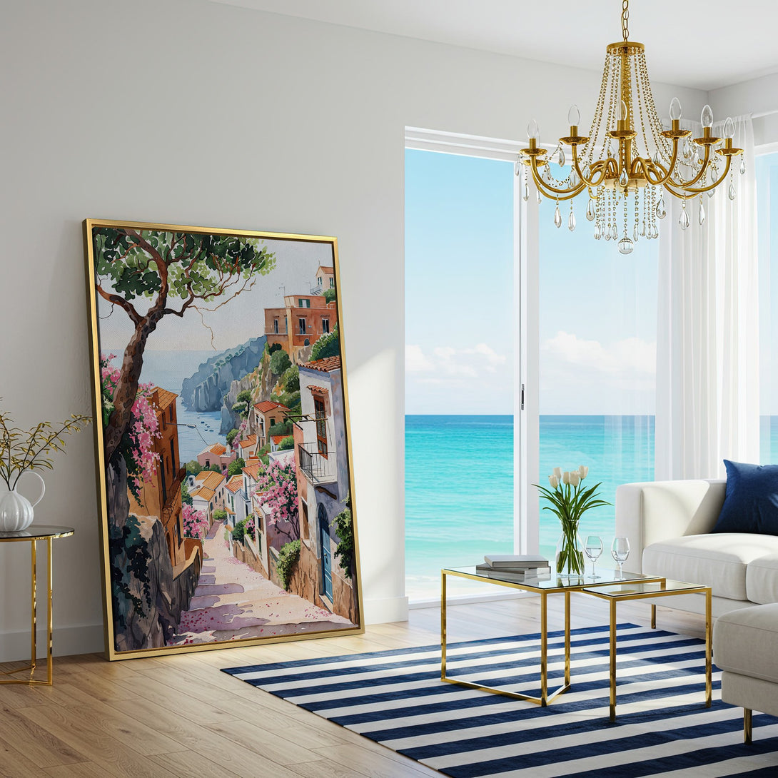 Canvas Print of a watercolor Amalfi Coast scene. Warm terracotta, blue, and green hues create a Mediterranean feel. Perfect wall art for your home!