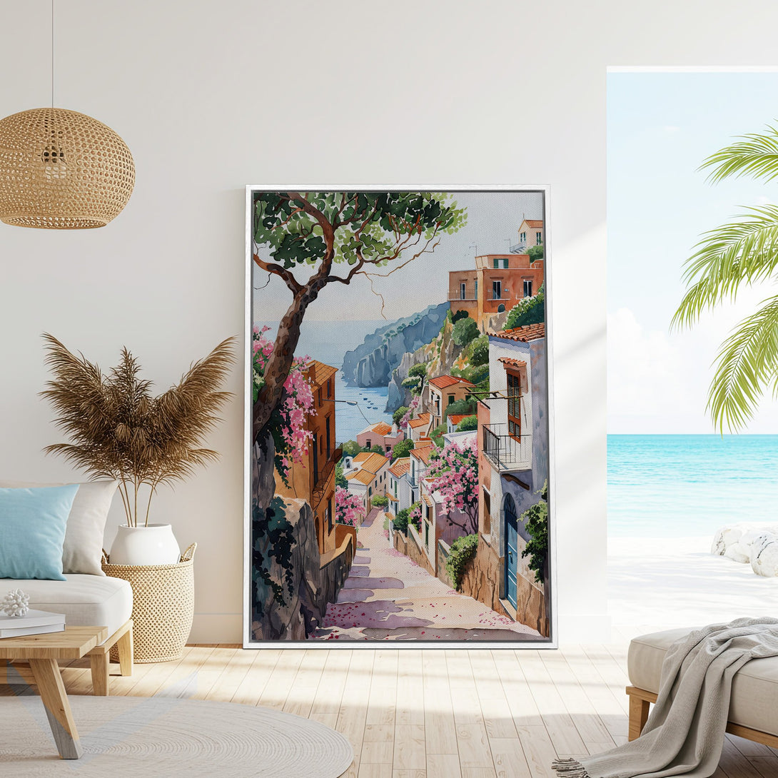 Framed Wall Art: Watercolor coastal scene in warm tones. Captures a charming Italian village with a dreamy, romantic style. Perfect for adding character to your space.