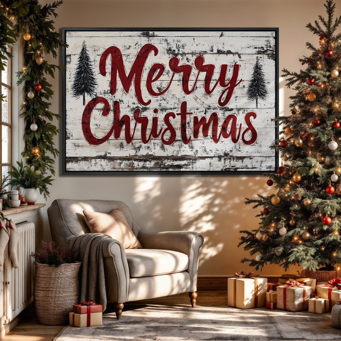 Framed Wall Art: "Merry Christmas" sign in rustic style with red text. Warm, inviting interior with Christmas tree & neutral color palette. Perfect holiday decor.