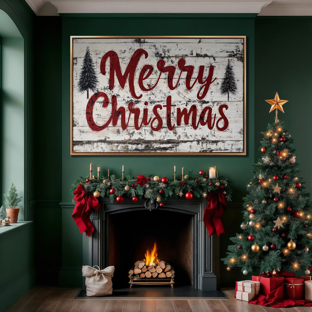 Framed Wall Art: "Merry Christmas" sign in a cozy, festive interior. Rustic style with red and white text on a distressed wood background, set against a green backdrop.