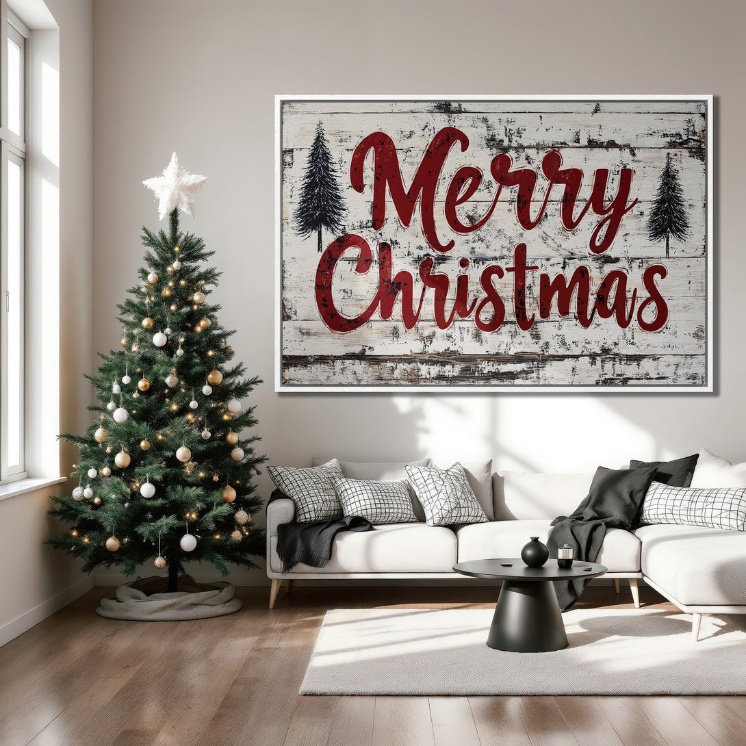 Framed Wall Art: "Merry Christmas" sign in rustic style with red text. Interior decor with a Christmas tree and neutral color palette. Perfect holiday wall art!