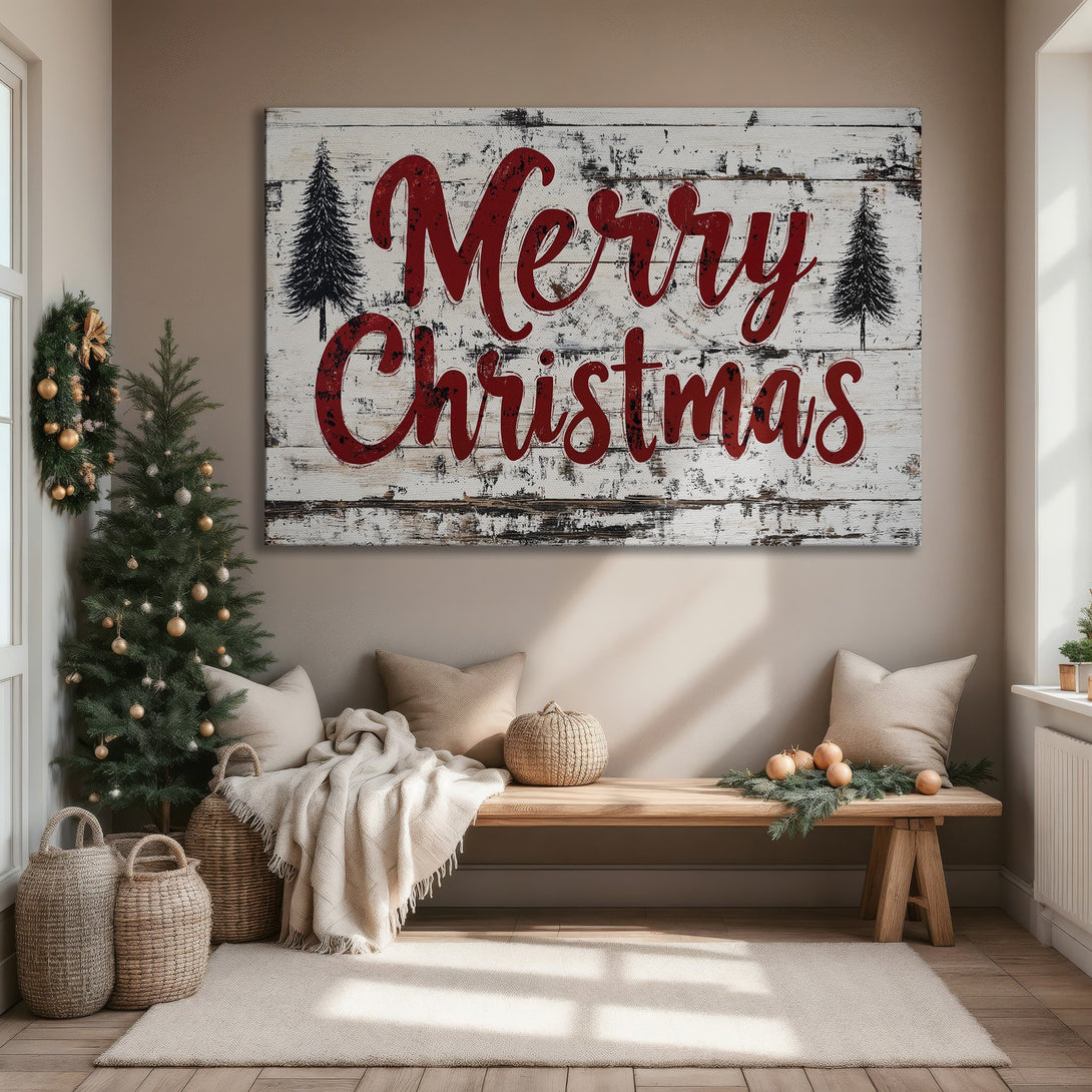Framed Wall Art: "Merry Christmas" in red script on a rustic, white wood background. Festive holiday decor with a modern, farmhouse style.
