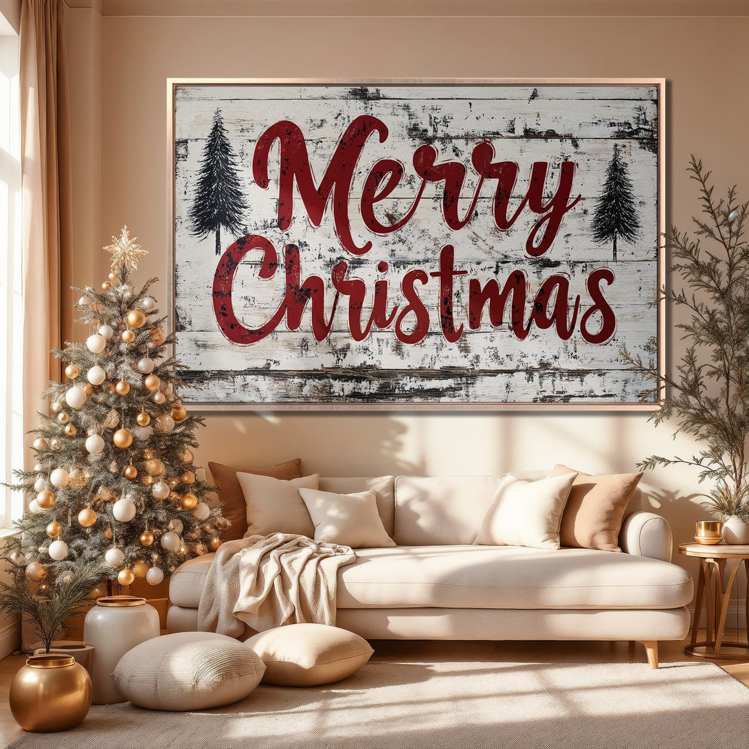 Framed Wall Art: "Merry Christmas" rustic sign in a cozy living room. Red & white palette with a warm, inviting holiday vibe. Perfect Christmas decor!