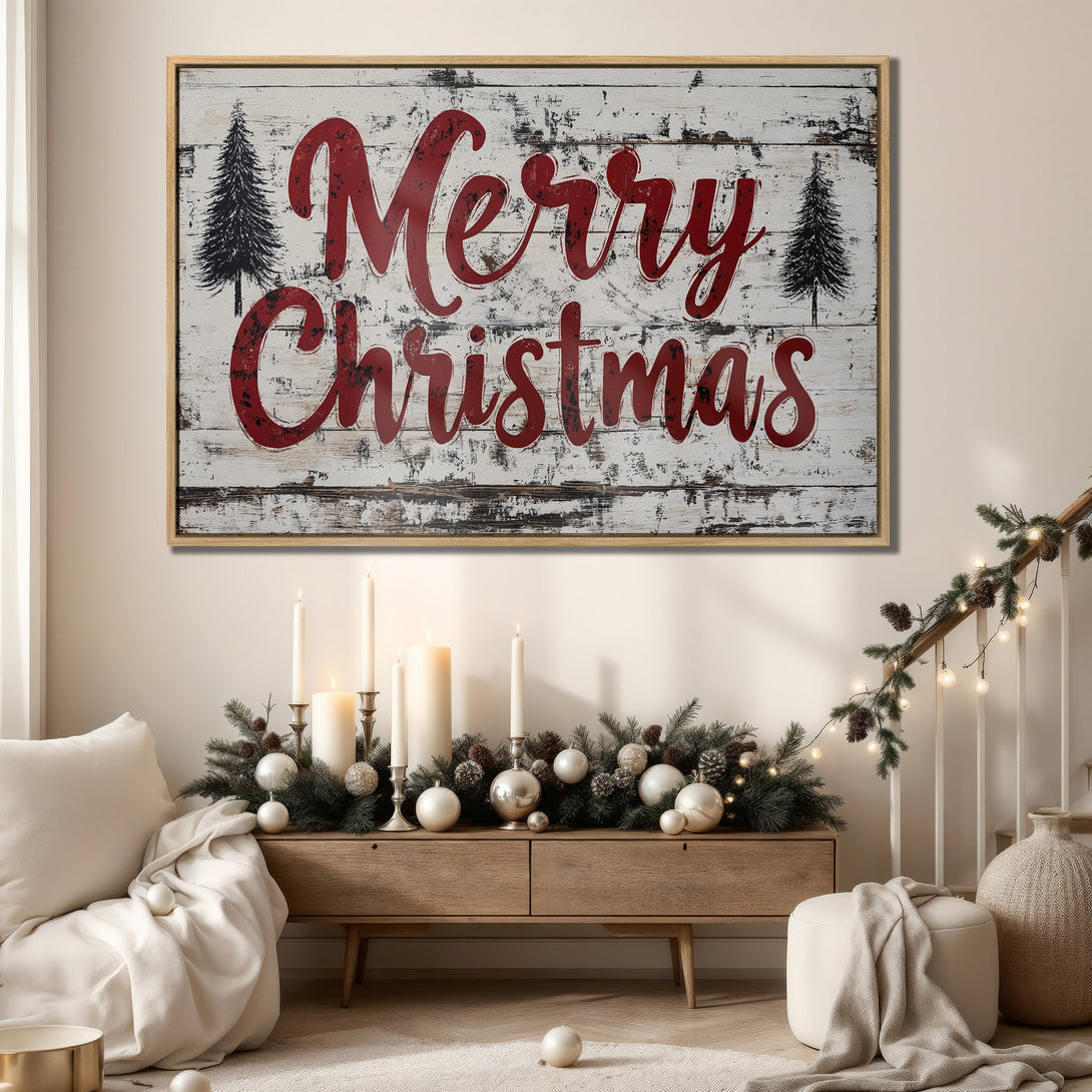 Framed Wall Art: "Merry Christmas" sign in rustic style. Red text on white distressed wood. Neutral color palette, perfect for holiday home decor.