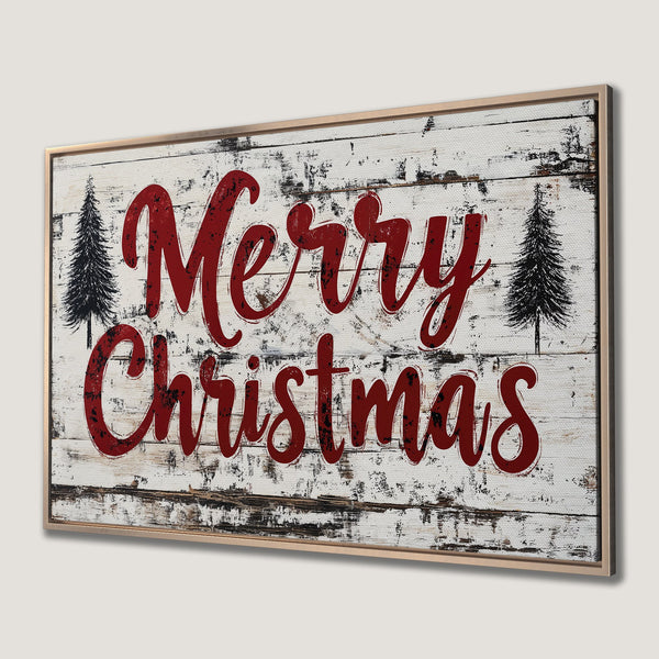 Framed Wall Art: Rustic "Merry Christmas" sign with red text, black trees, and a white/wood-tone background. Perfect holiday decor!