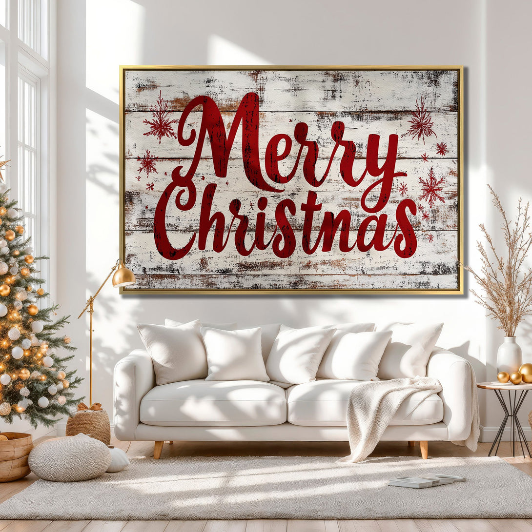 Canvas Print: Rustic "Merry Christmas" wall art in red & white, perfect for holiday decor. Adds cozy charm to any space. Shop now!