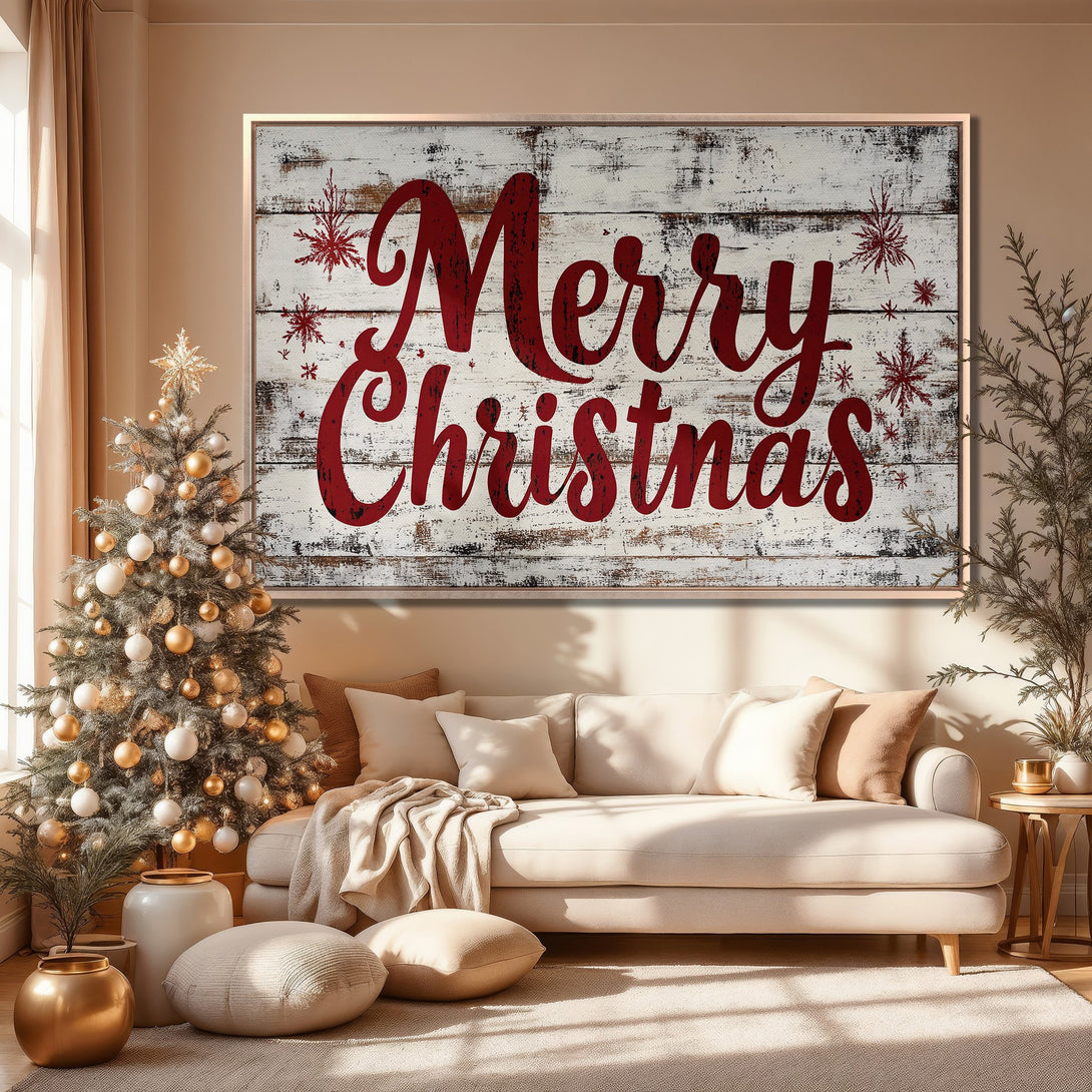 Framed Wall Art: "Merry Christmas" rustic style canvas print in red & white, displayed in a cozy, neutral-toned living room. Perfect holiday decor!
