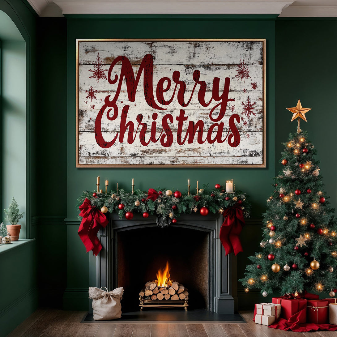 Framed Wall Art: "Merry Christmas" sign in a cozy, festive interior. Rustic style with red and white accents, set against a dark green backdrop. Perfect holiday decor!