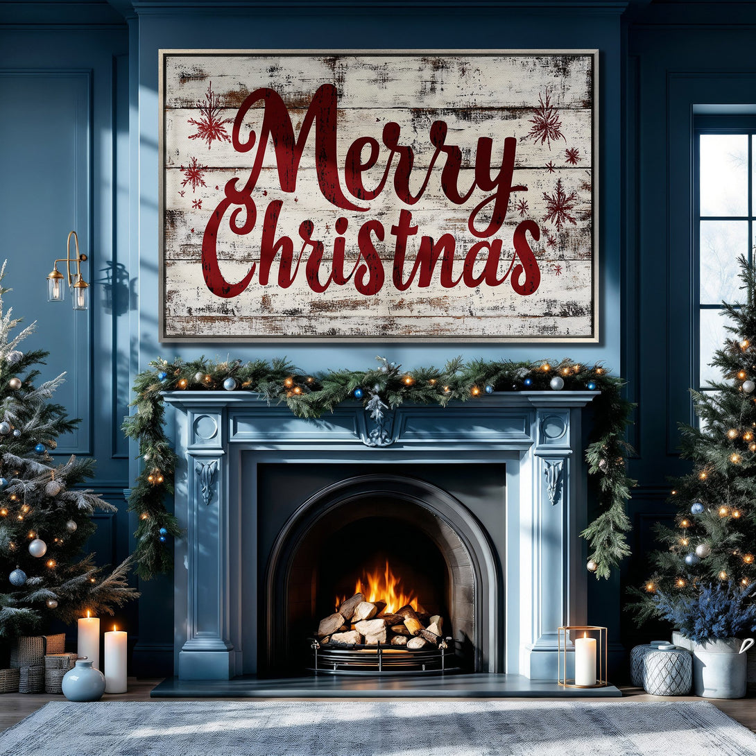 Framed Wall Art: "Merry Christmas" rustic Canvas Print in a cozy blue interior. Festive holiday decor with red and white color scheme.