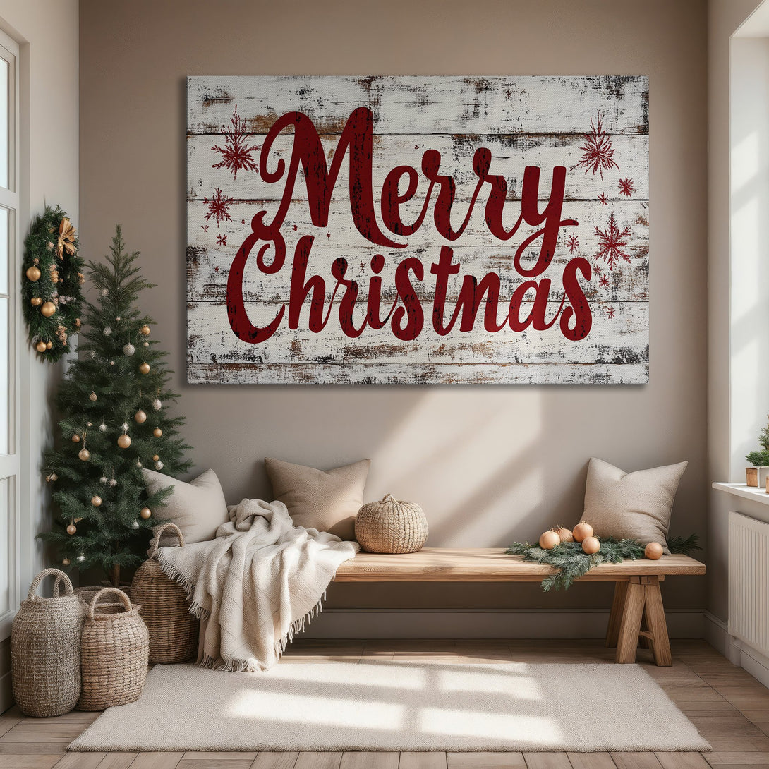 Framed Wall Art: "Merry Christmas" sign in red on a rustic white wood background. Festive holiday decor with a warm, inviting color palette.