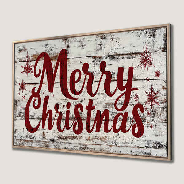 Framed Wall Art: "Merry Christmas" sign in rustic style. Red text on a white wood background. Perfect holiday decor!