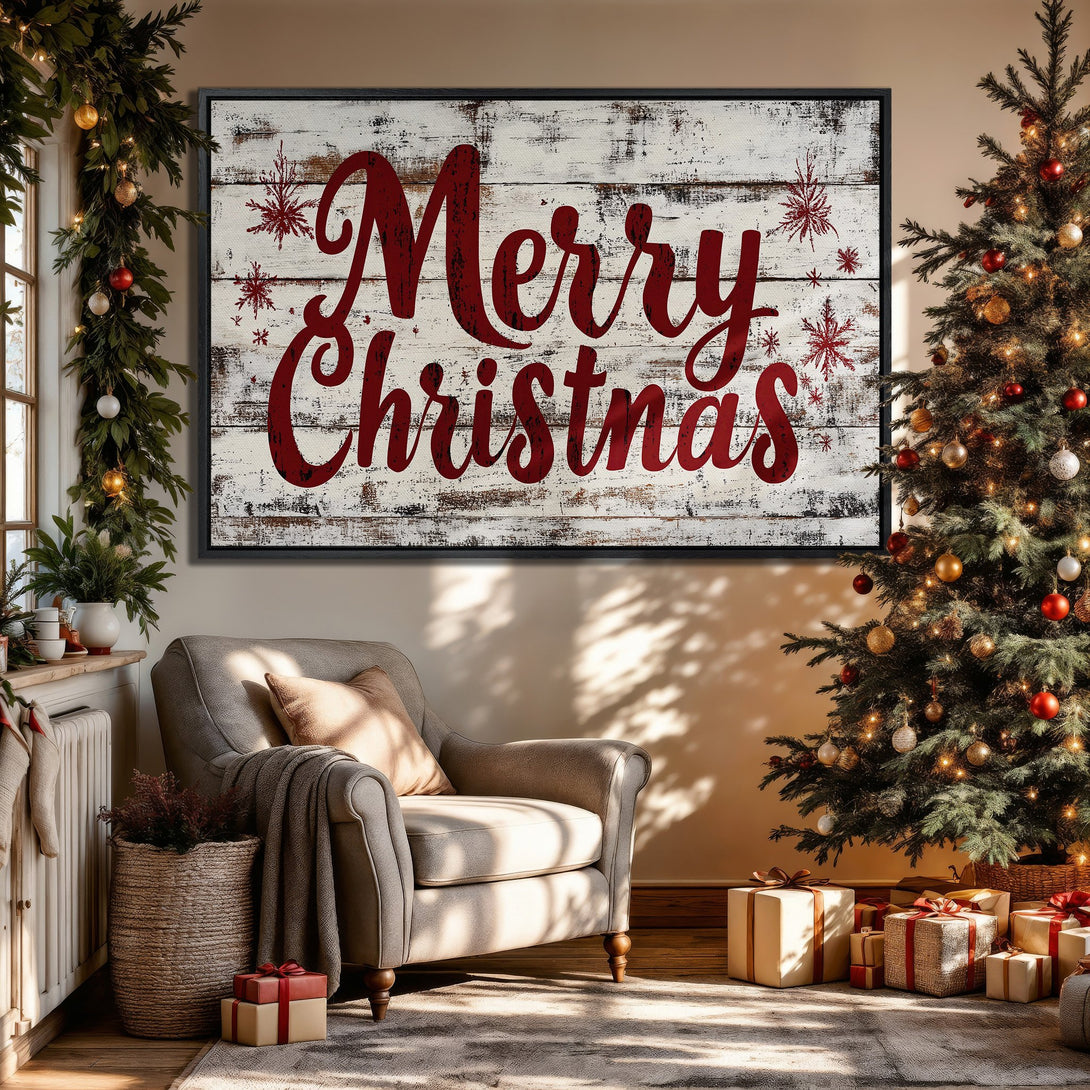 Framed Wall Art: Merry Christmas sign in rustic style. Red & white color palette, perfect for holiday decor. Cozy interior with Christmas tree.
