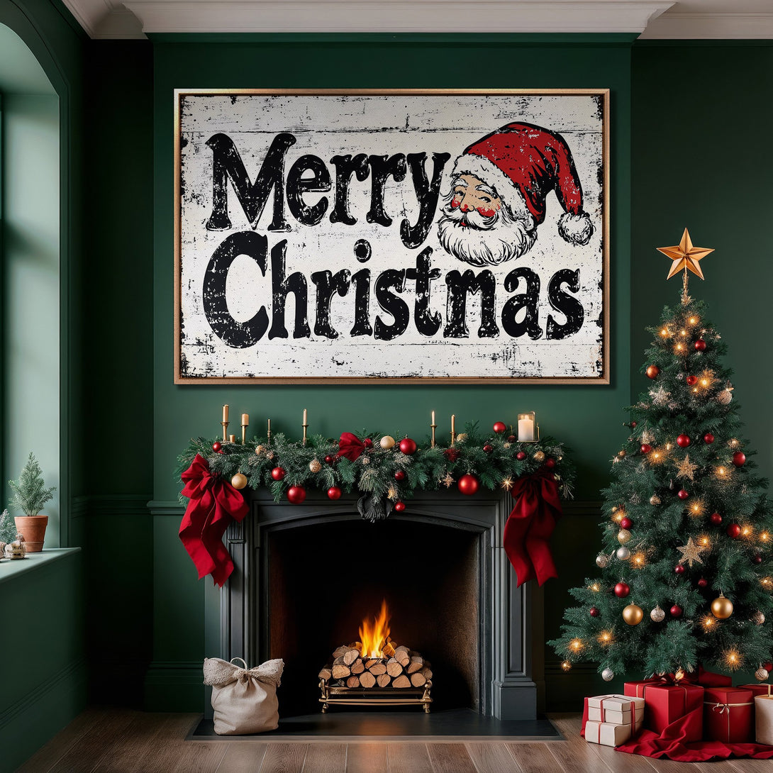 Framed Wall Art: "Merry Christmas" sign with Santa, rustic style, in a cozy green and red Christmas interior. Perfect holiday decor!