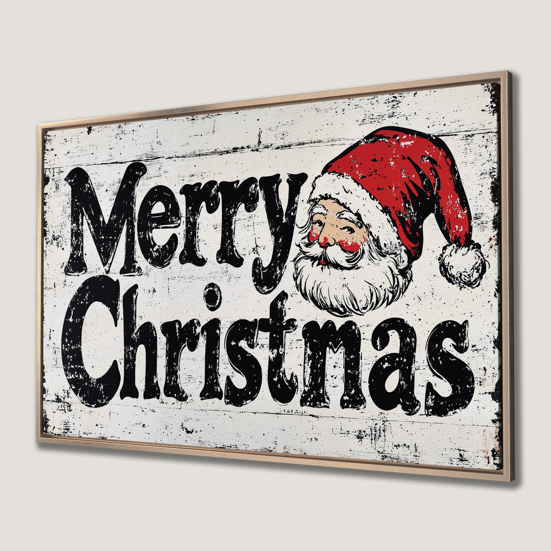Framed Wall Art: Merry Christmas sign with Santa, vintage style, red & black on white. Perfect holiday decor!