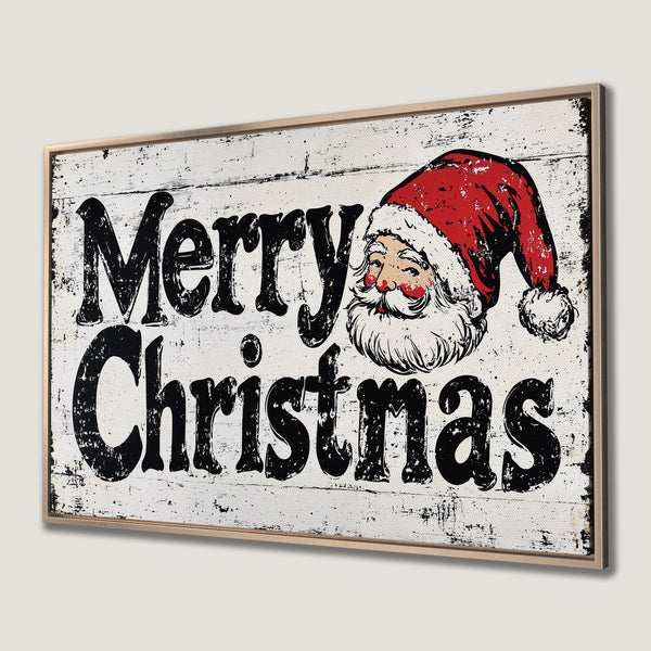 Framed Wall Art: Merry Christmas sign with Santa, vintage style, red & black on white. Perfect holiday decor!