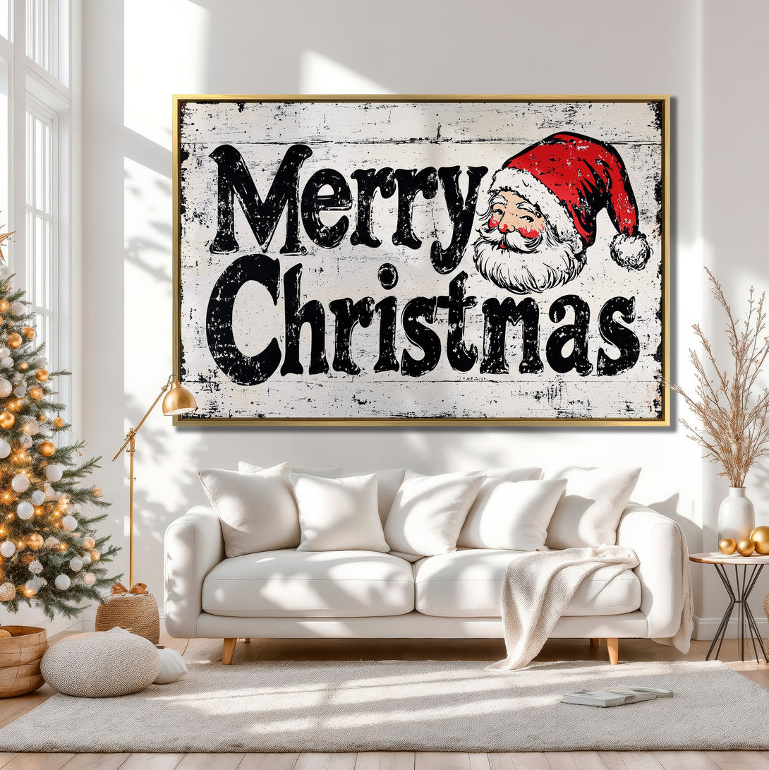 Canvas Print featuring a rustic "Merry Christmas" Santa design in black and red, displayed in a cozy interior with neutral tones.