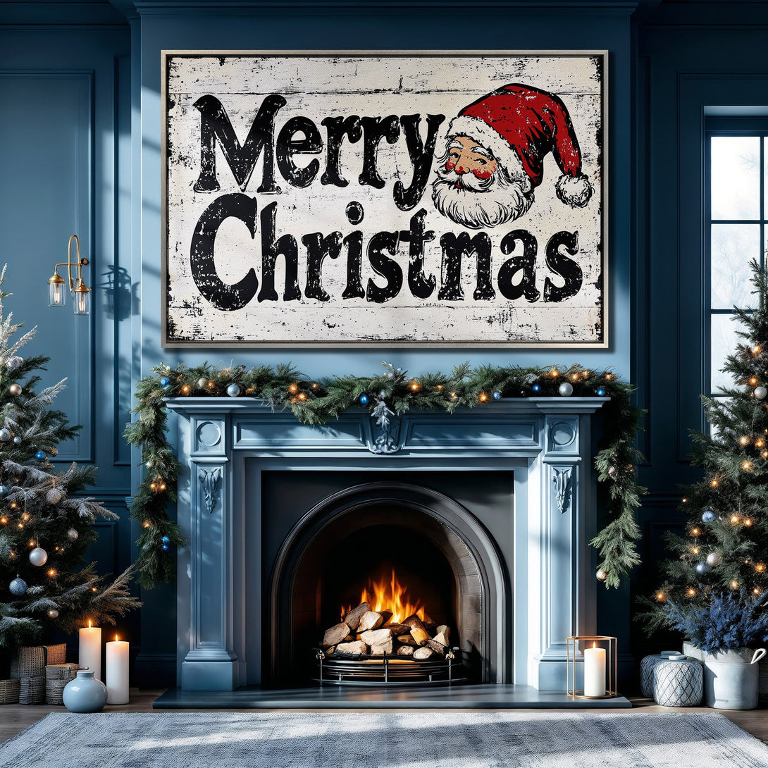 Framed Wall Art: "Merry Christmas" Santa print in rustic style, displayed above a fireplace in a blue interior. Festive holiday decor, red & white palette.