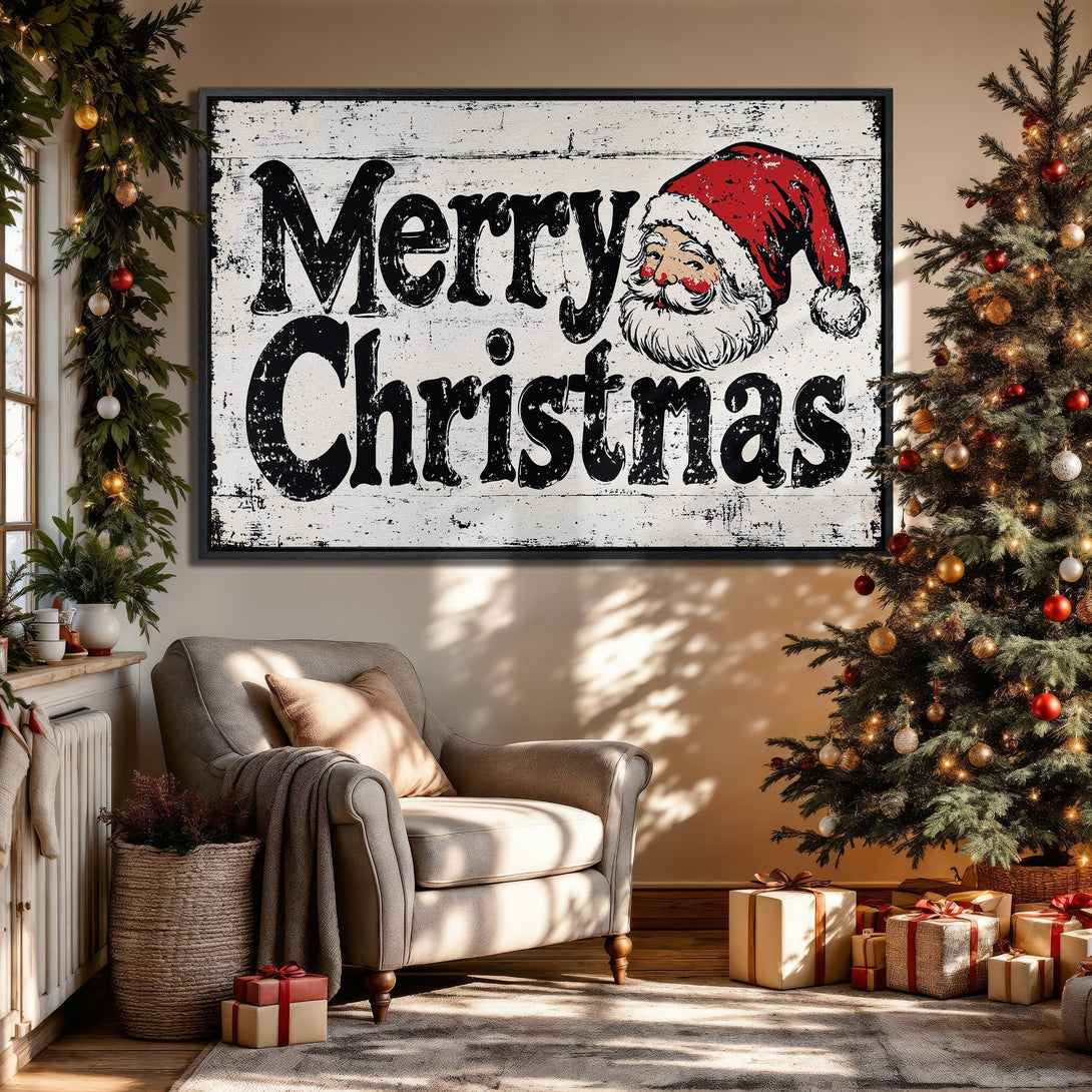 Framed Wall Art: Rustic "Merry Christmas" sign with Santa in a cozy, warm-toned interior. Perfect holiday decor!