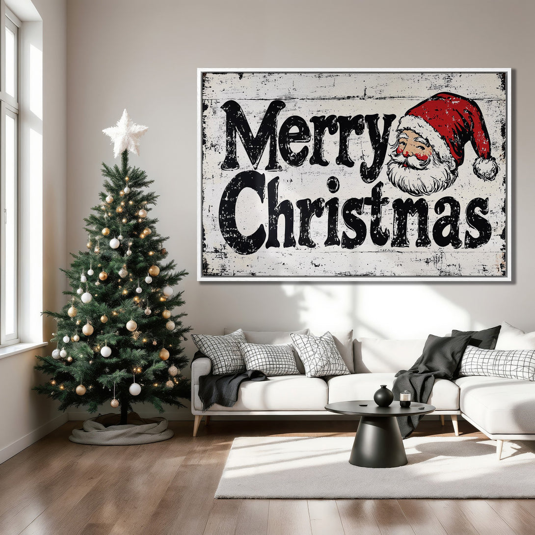 Framed Wall Art: Rustic "Merry Christmas" Canvas Print with Santa. Festive decor in a neutral palette. Perfect for holiday home styling.
