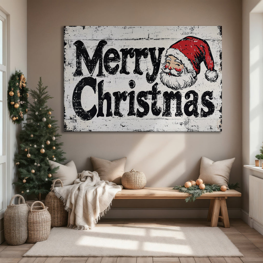 Framed Wall Art featuring "Merry Christmas" with Santa. Rustic style, black & red on white. Perfect holiday decor for your home!