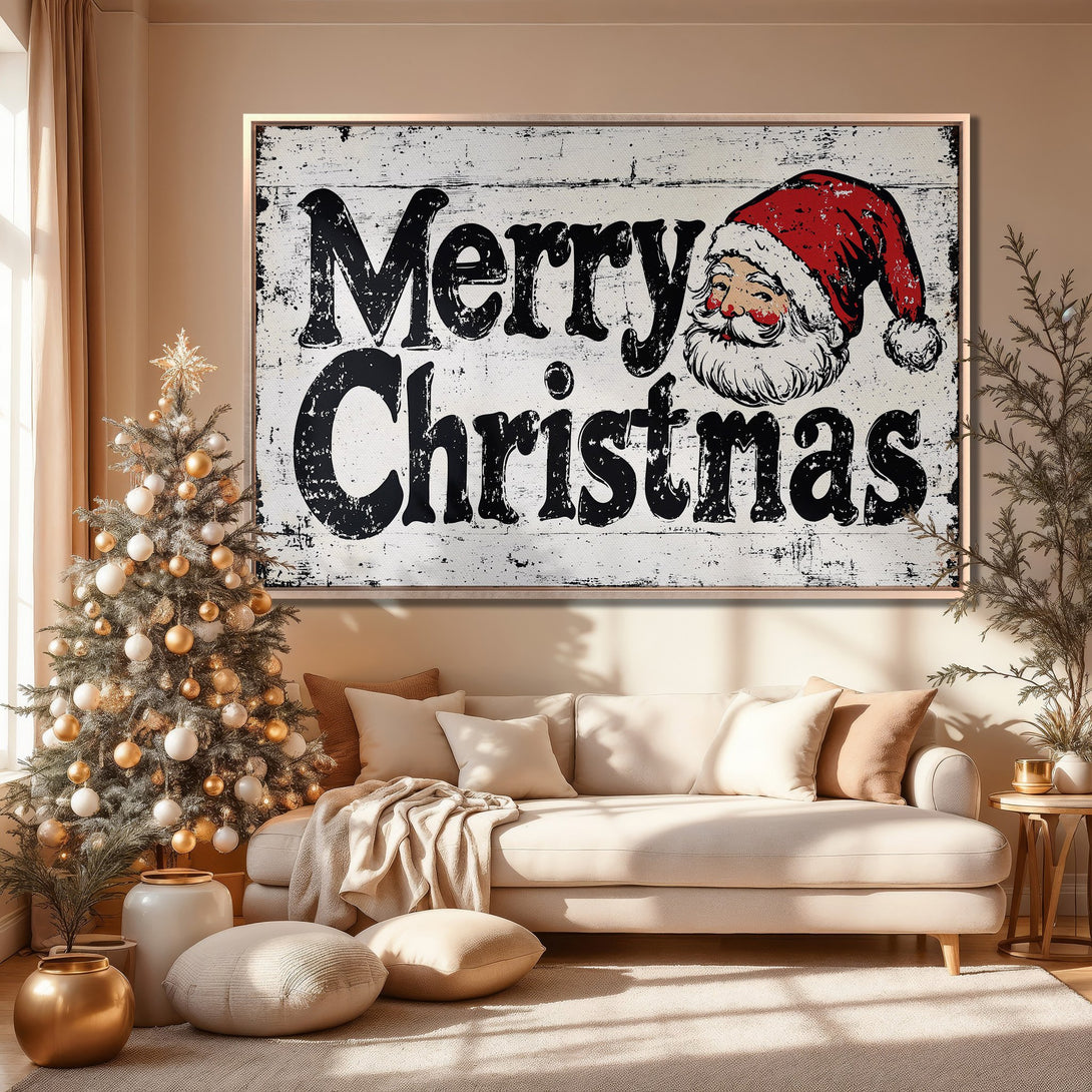 Framed Wall Art: "Merry Christmas" Santa Claus design. Rustic style, with a black, red, and white color palette, perfect for holiday decor.