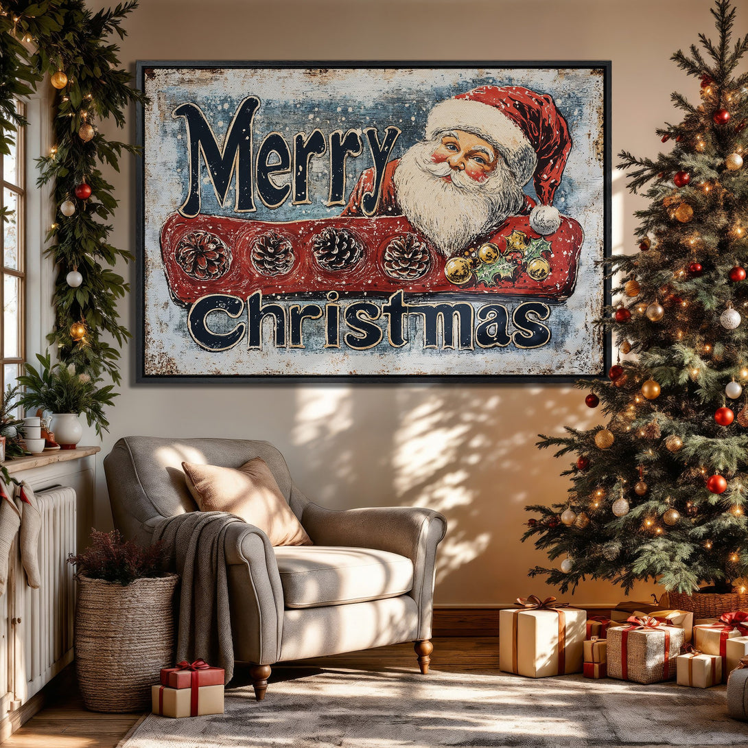 Framed Wall Art: Vintage Merry Christmas Santa print in a cozy interior. Rustic style with red, blue, and cream color palette. Perfect holiday decor!