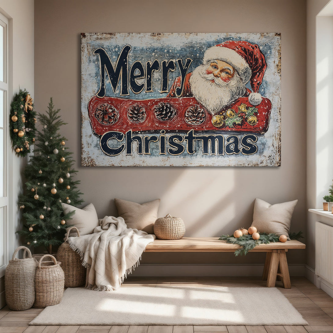 Framed Wall Art featuring a vintage Santa Claus design in a rustic style. Festive red, blue, and gold color palette, perfect for Christmas decor.