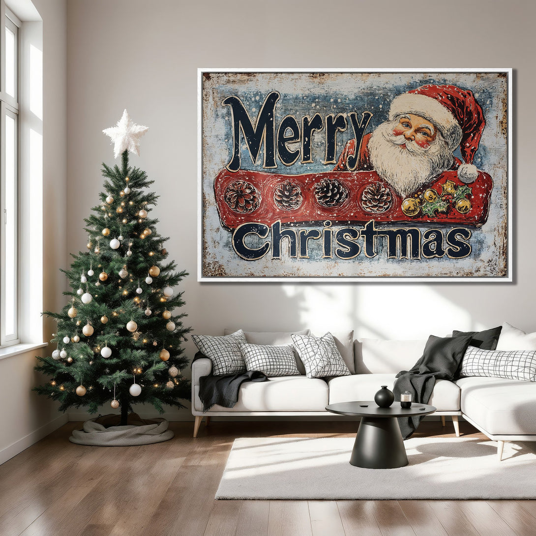 Framed Wall Art: Vintage Santa Claus "Merry Christmas" Canvas Print in a cozy living room, featuring red, blue, and white tones. Perfect holiday decor!