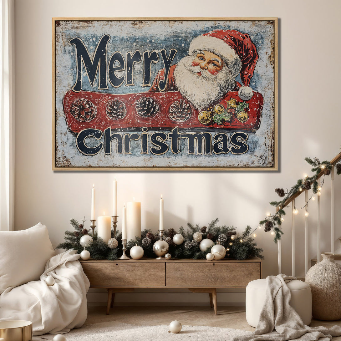 Framed Wall Art: Vintage Santa "Merry Christmas" print in rustic style. Features red, blue, and white color palette. Perfect for holiday decor!