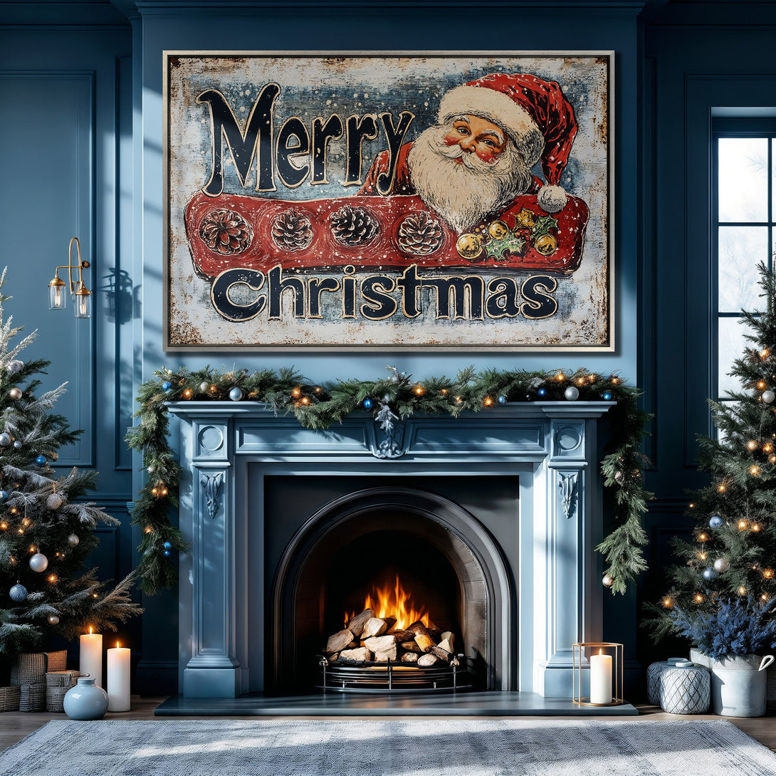 Framed Wall Art: Vintage Santa "Merry Christmas" print in a cozy blue interior. Festive holiday decor with a rustic, distressed style and red/blue color palette.