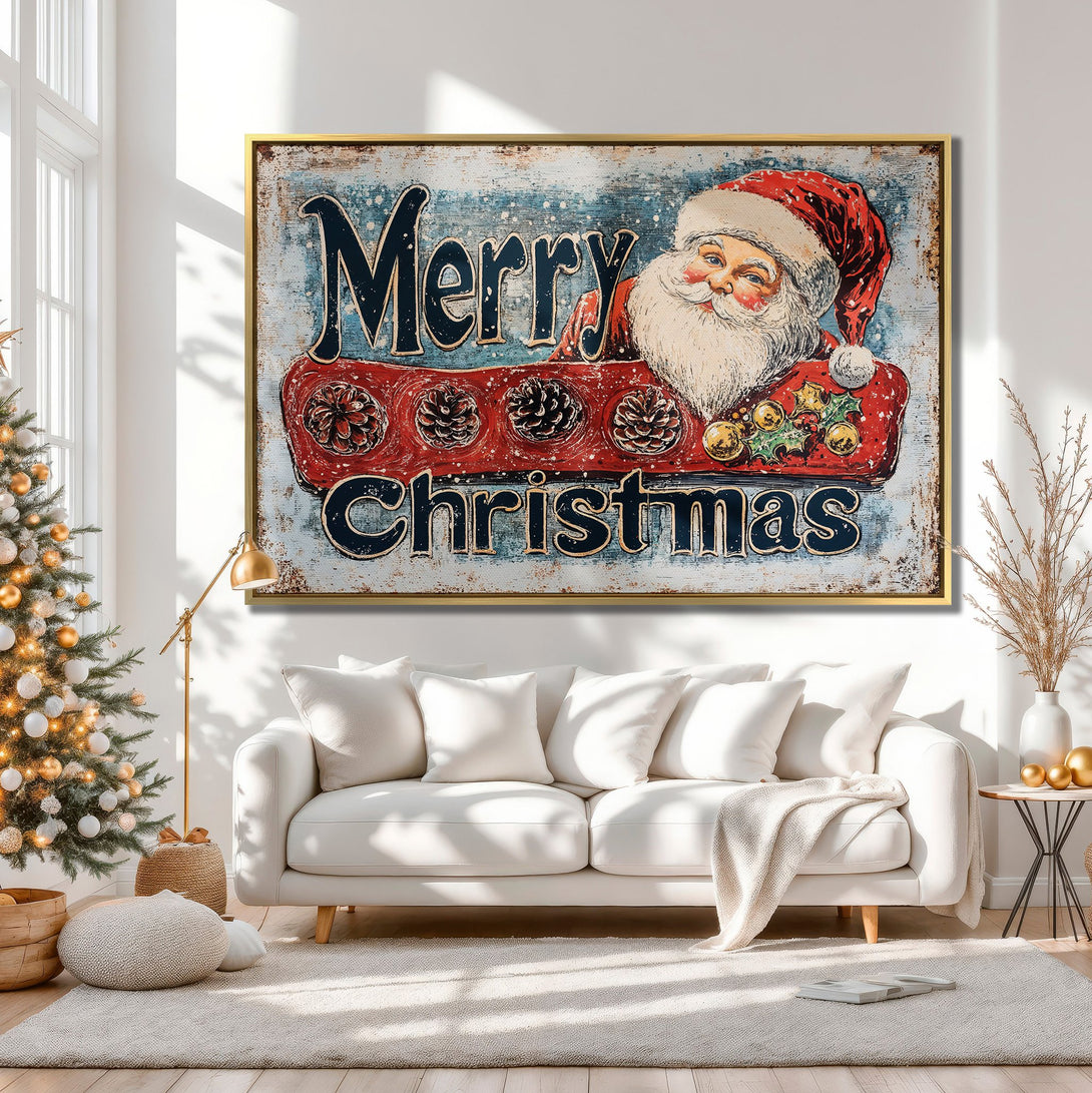 Canvas Print: Vintage "Merry Christmas" Santa art in a cozy interior. Rustic style with red, blue, and neutral tones. Perfect holiday decor!