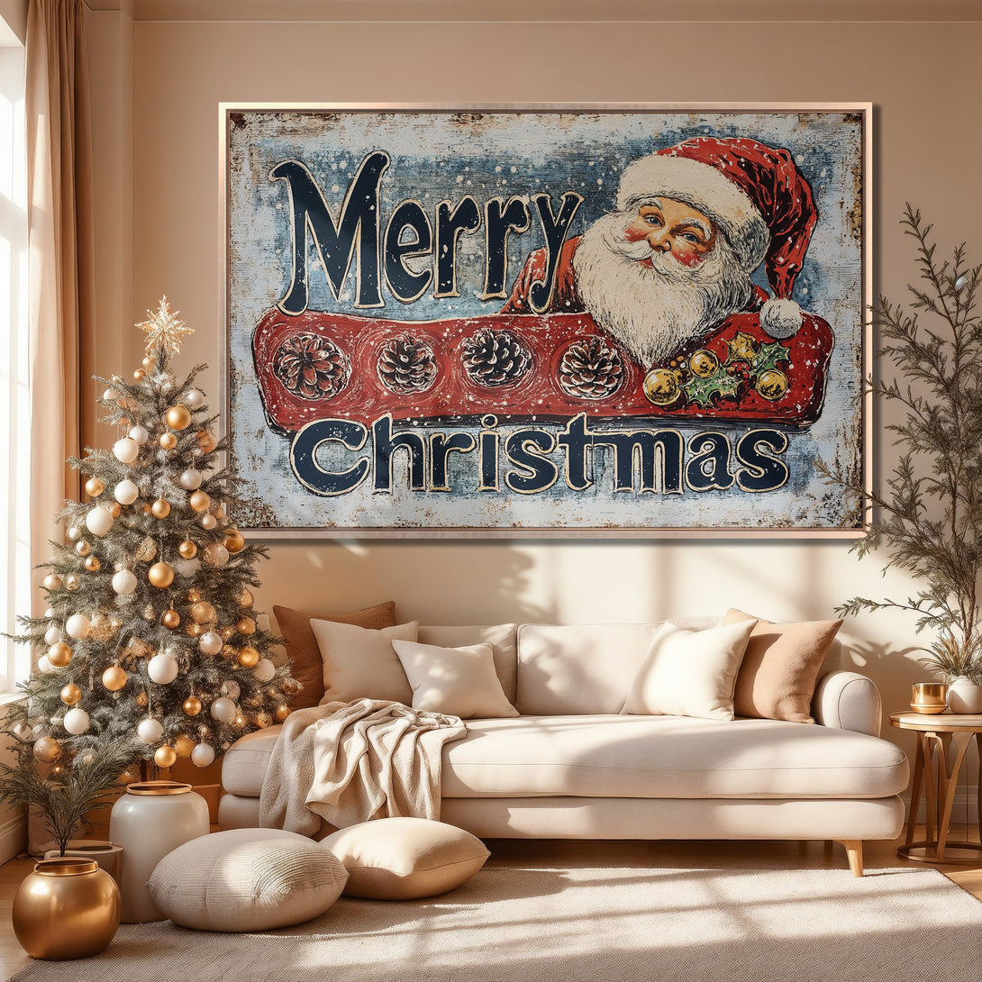 Framed Wall Art: Vintage Santa Claus "Merry Christmas" print in a cozy living room. Rustic style with red, blue, and cream color palette. Perfect holiday decor!