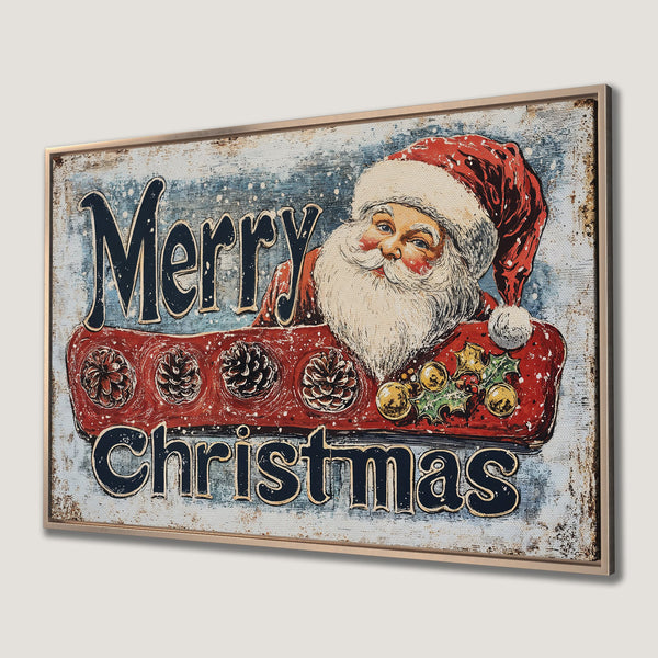Framed Wall Art: Vintage Santa Claus "Merry Christmas" Canvas Print in red, blue, and gold. Rustic holiday decor for your home.