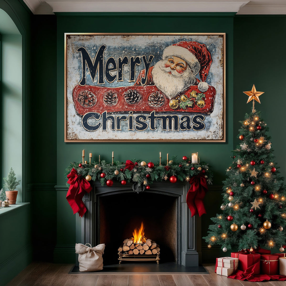 Framed Wall Art: Vintage Santa Claus "Merry Christmas" print in a cozy interior. Rustic style, with a red, blue, and green color palette. Perfect holiday decor!