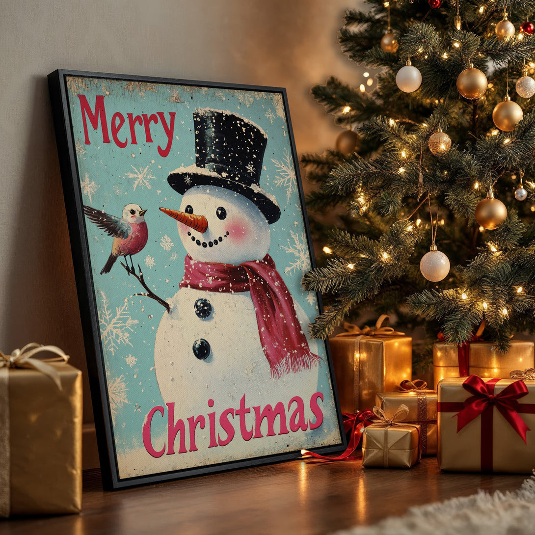Framed Wall Art: Vintage Christmas snowman print in a cozy interior. Features a retro style, blue & red color palette, perfect holiday decor.