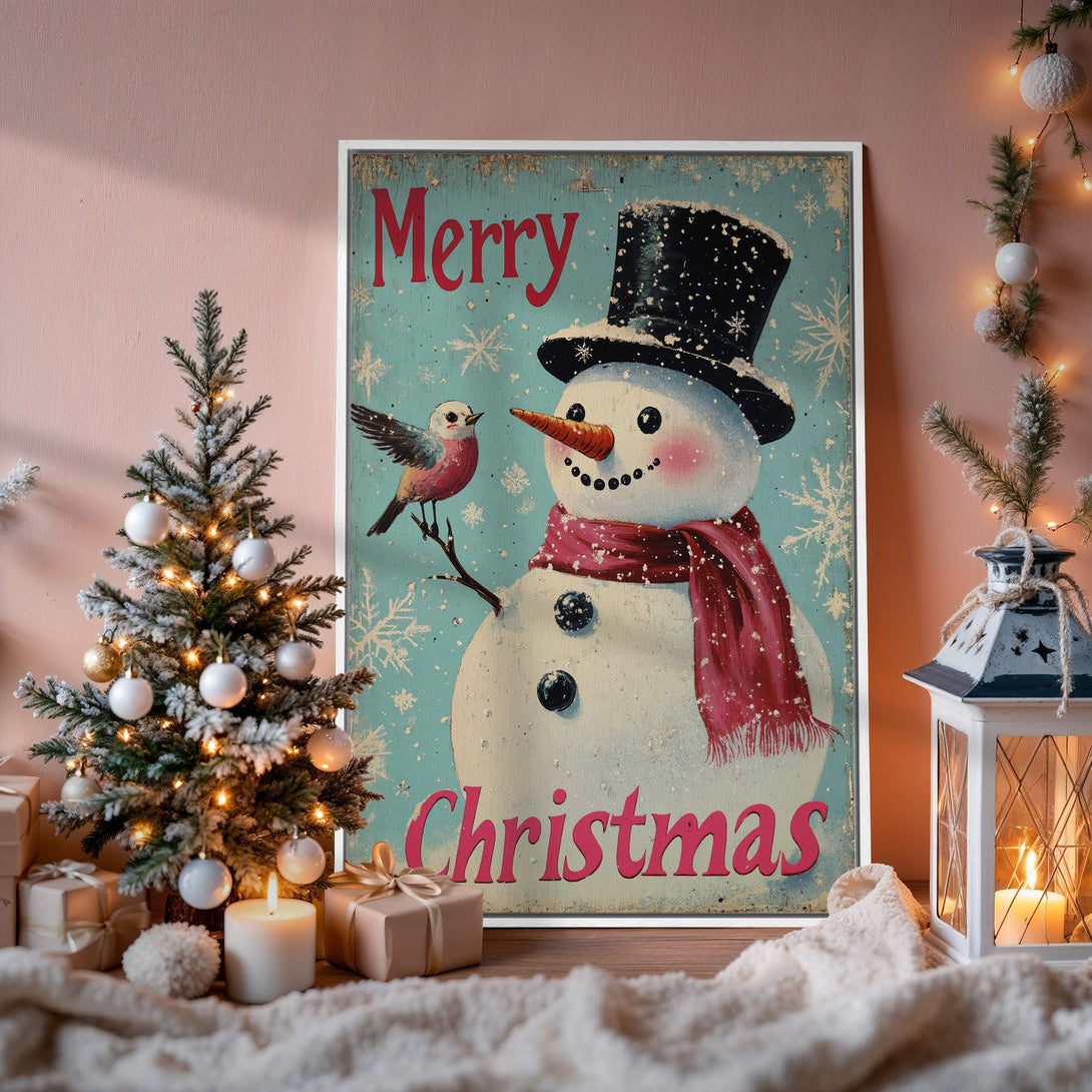 Framed Wall Art: Vintage snowman Christmas print in a cozy interior. Features a retro style, teal, red, and white color palette. Perfect holiday decor!