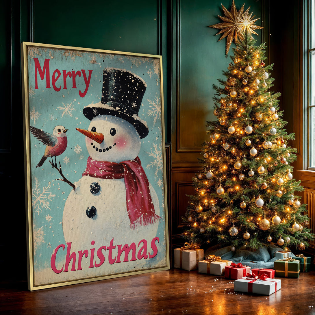 Canvas Print featuring a vintage snowman with a bird, "Merry Christmas" text, and a teal and red color palette. Perfect for holiday wall decor.