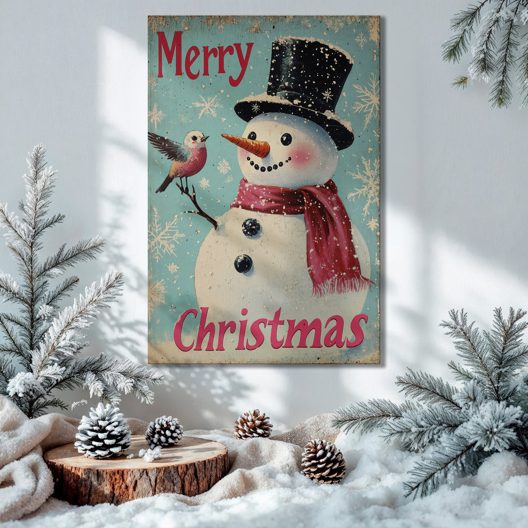 Framed Wall Art: Vintage Christmas snowman print in a cozy interior. Featuring a retro style, blue & red color palette, perfect holiday decor.
