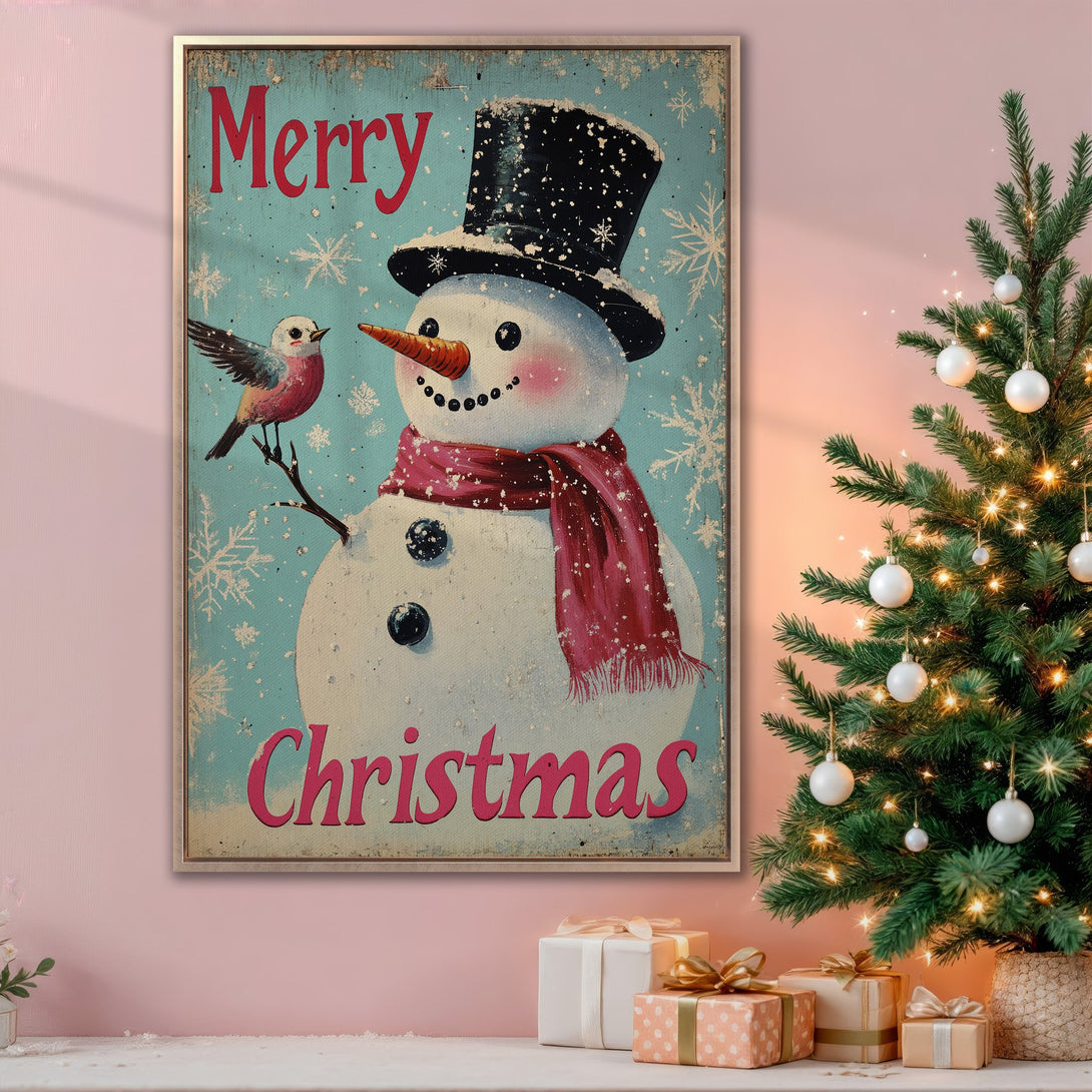 Framed Wall Art: Vintage-style Christmas snowman print in a rustic style with a blue, red, and white color palette. Perfect holiday decor!