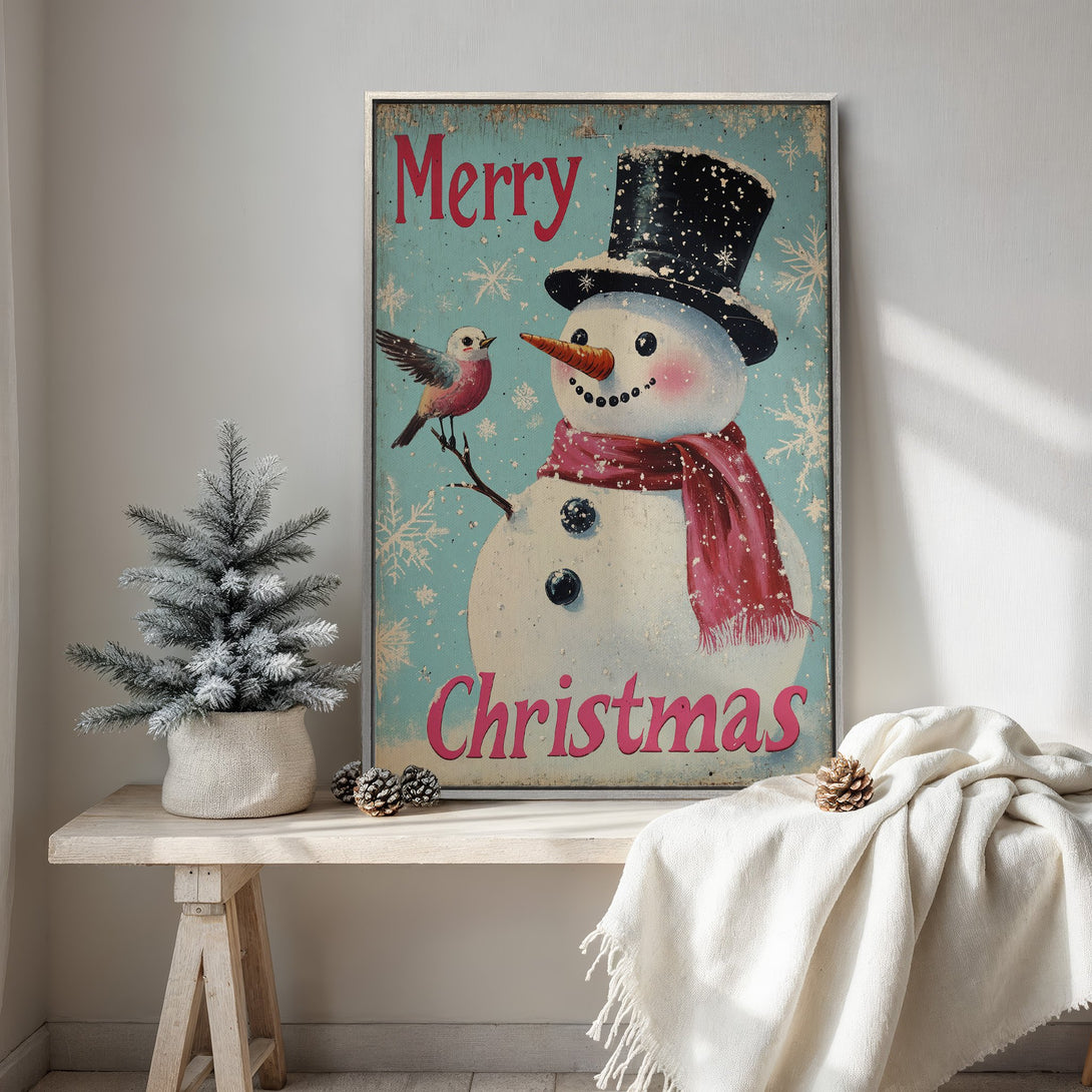 Framed Wall Art: Vintage Christmas snowman print with a robin, in a farmhouse style. Features a blue, red, and white color palette, perfect holiday home decor.