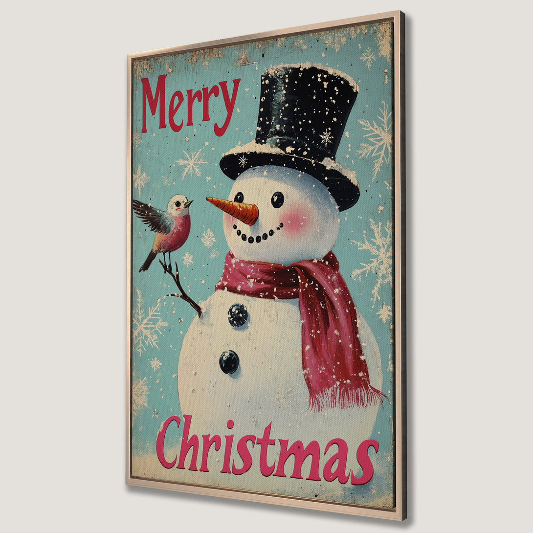 Framed Wall Art featuring a vintage snowman with a bird, "Merry Christmas" text, and a festive red and blue color palette. Perfect holiday decor!