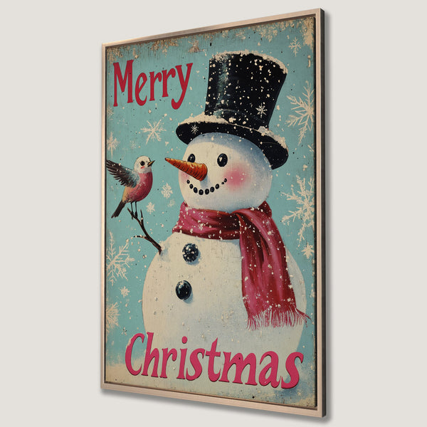 Framed Wall Art featuring a vintage snowman with a bird, "Merry Christmas" text, and a festive red and blue color palette. Perfect holiday decor!