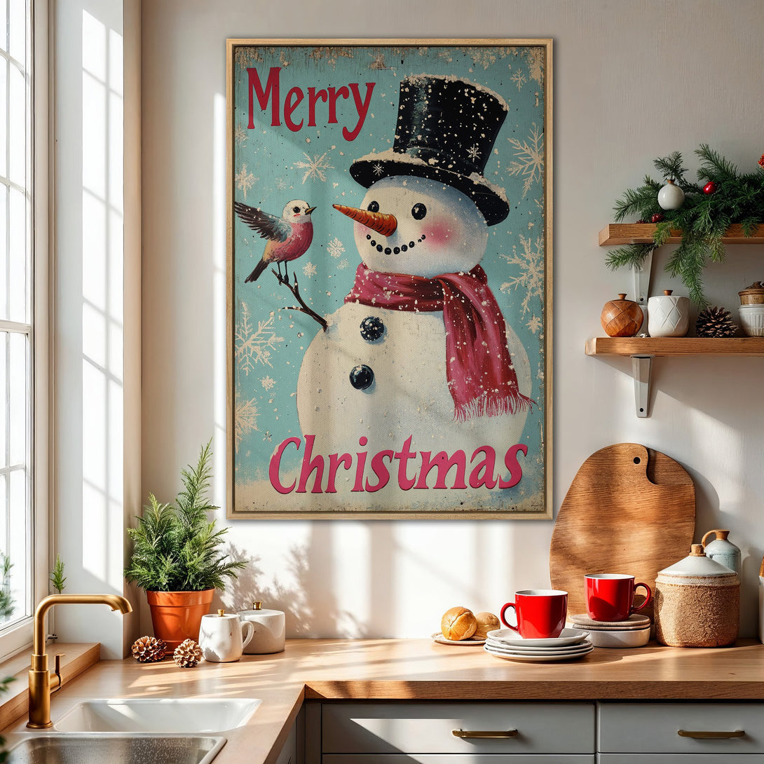 Framed Wall Art: Vintage snowman print in a cozy kitchen. Features a retro style, teal, red, and white color palette, perfect for Christmas decor.