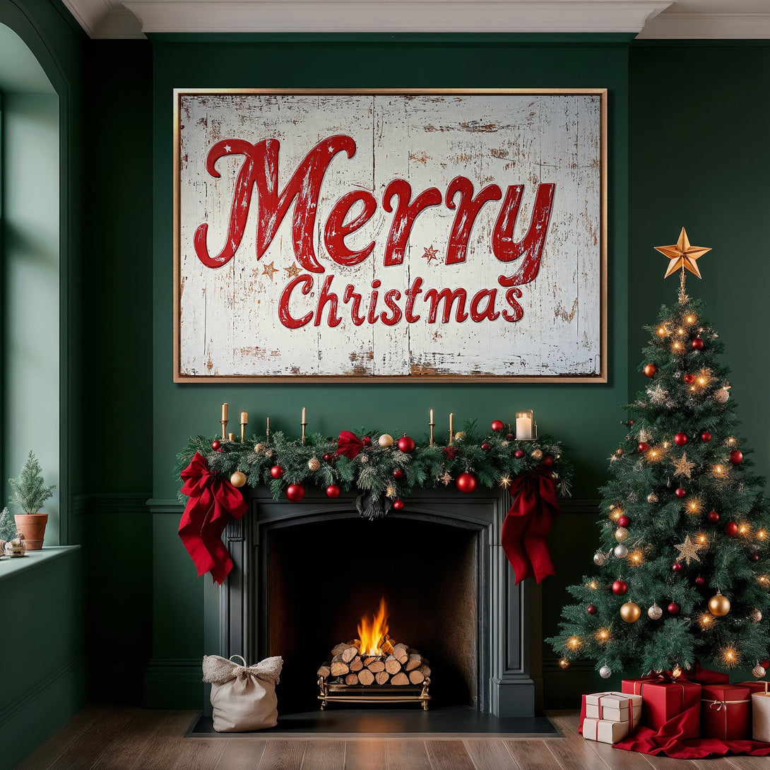 Framed Wall Art: "Merry Christmas" sign in a cozy holiday interior. Rustic style with a red, white, and green color palette. Perfect Christmas decor!