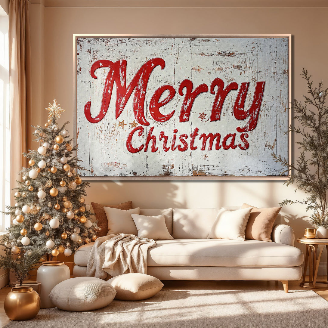 Framed Wall Art: "Merry Christmas" sign in a cozy living room. Rustic style with red text on a white background, warm neutral color palette.