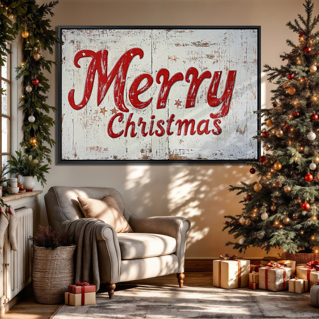 Framed Wall Art: "Merry Christmas" canvas print in a cozy living room. Rustic style with red and white color palette, perfect holiday decor.