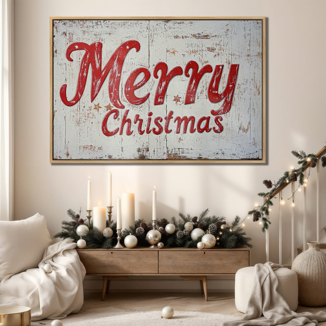 Framed Wall Art: "Merry Christmas" canvas print in rustic style with red text on a distressed white background. Perfect holiday decor, neutral palette.