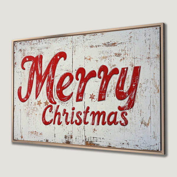 Framed Wall Art: "Merry Christmas" sign in rustic style, red text on distressed white background. Festive holiday decor with a warm, inviting color palette.