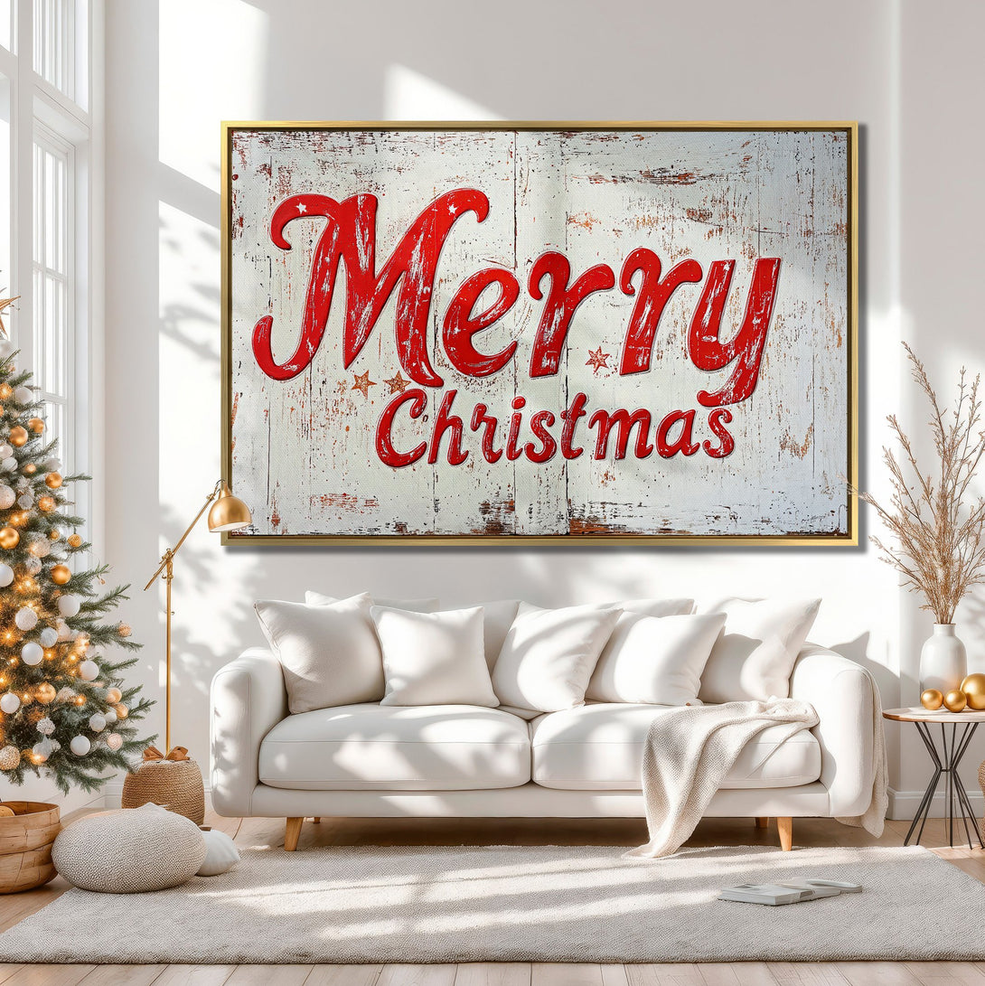 Canvas Print: Rustic "Merry Christmas" wall art in a cozy, neutral-toned interior. Festive decor with red lettering and warm, inviting style.